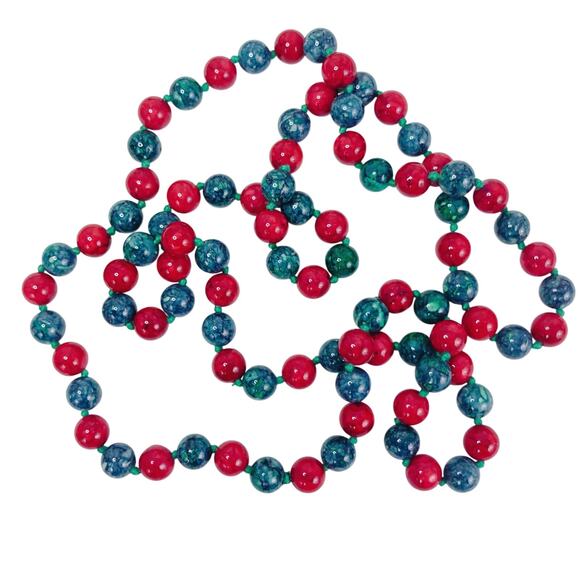 Vintage Dyed Stone Bead Opera Length Necklace Red Blue Green Hand Knotted - Picture 5 of 8